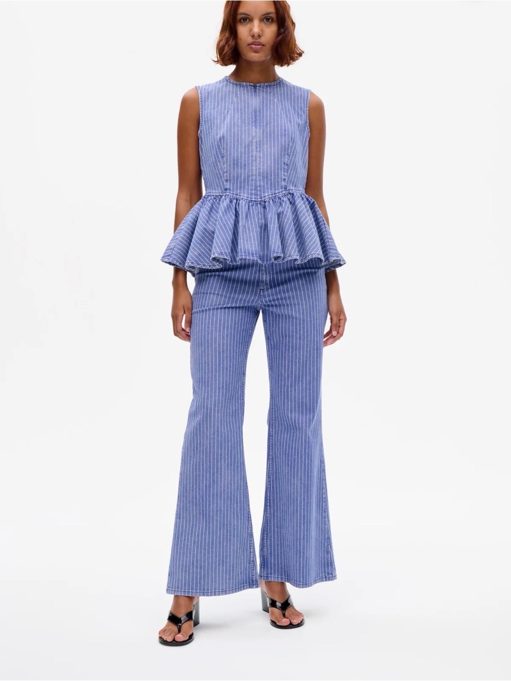 Baum und Pferdgarten Blue Pinstripe Peplum Top with Flared Jeans size 26